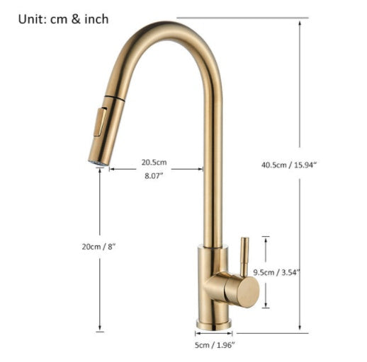 Straight spout kitchen faucet pull-out, available in brushed gold and chrome