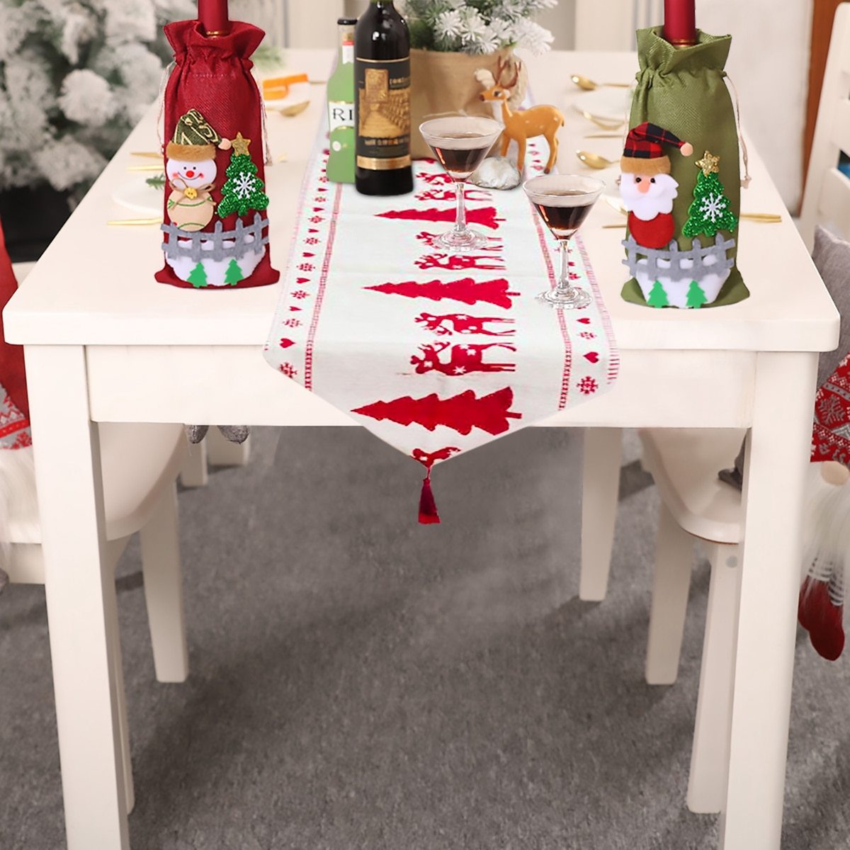 Christmas table runner made of cotton and linen with reindeer and snowman design