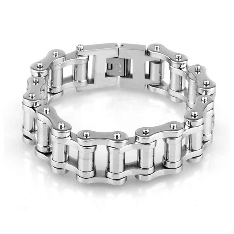 Rugged men's bracelet inspired by a bicycle chain design.