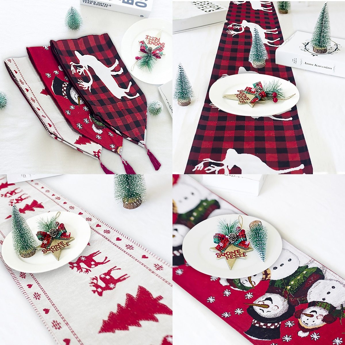 Christmas table runner with charming reindeer and snowman design.