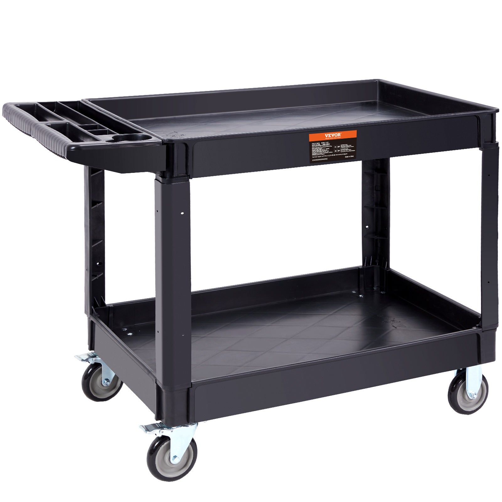 VEVOR Utility Service Cart, 2 Shelf 550LBS Heavy Duty Plastic Rolling Utility Cart With Swivel Wheels 2 With Brakes, Large Lipped Shelf, Ergonomic Storage Handle For Warehouse Garage Cleaning