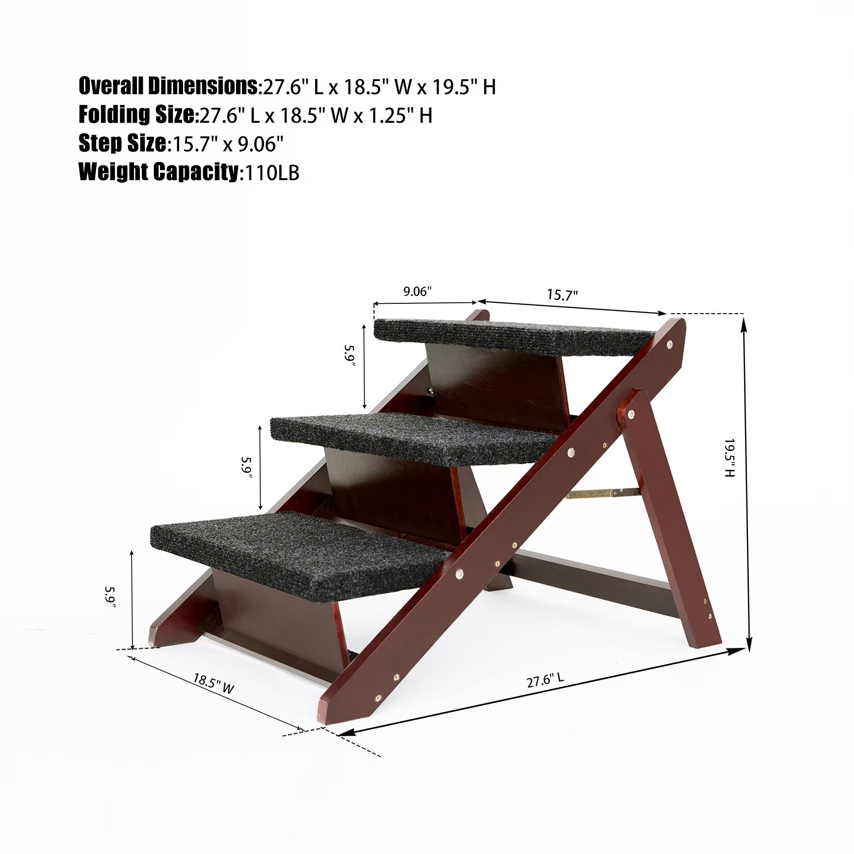 3-Level Foldable Pet Stairs – Up to 110 lbs, Ideal for Sofas and Cars