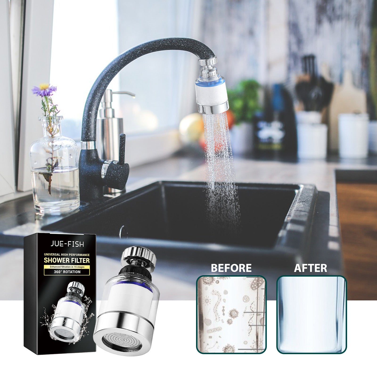 360° rotating water filter removes heavy metals and impurities, ideal for kitchen and bathroom