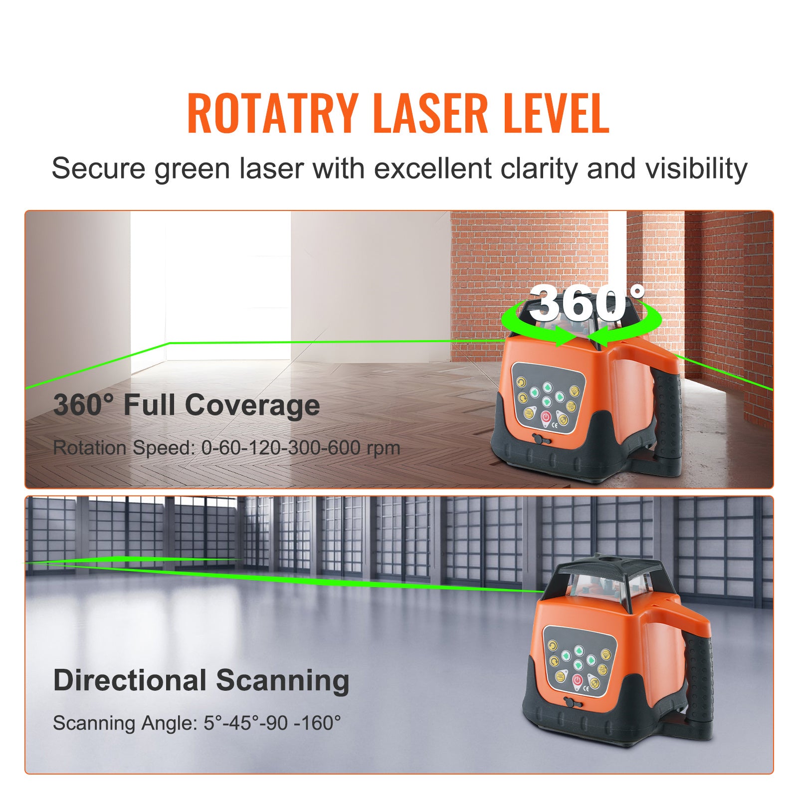 VEVOR Laser Level, 2000ft, 360 Degree Self Leveling Green Cross Line Laser, 5 Rotation Speeds & 4 Scanning Angles Adjustment, IP66 Waterproof Remote Control Manual Self-leveling Mode, Battery Included