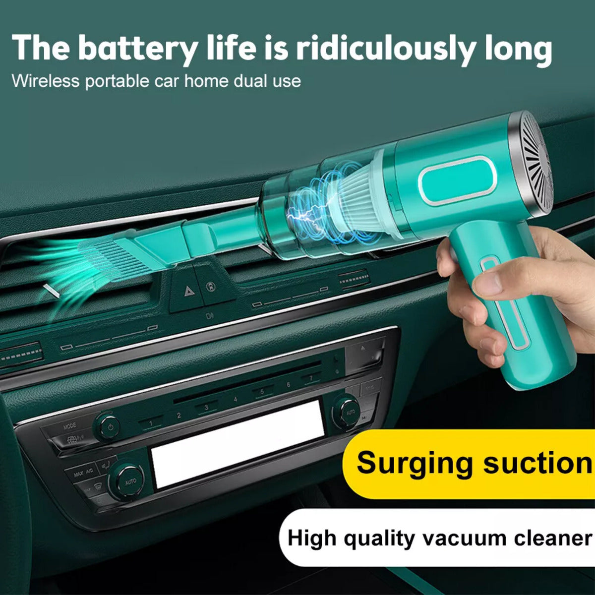 "Portable cordless car vacuum cleaner with powerful motor."