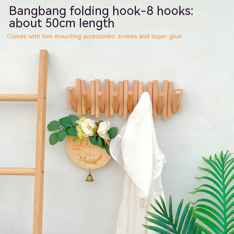 Solid Wood Punch-free Seamless Entrance Door Rear Wall Strong Glue Folding Clothes Rack Creative Row Hook