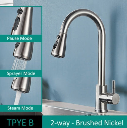 Kitchen faucet with stainless steel spout and several sophisticated finish options