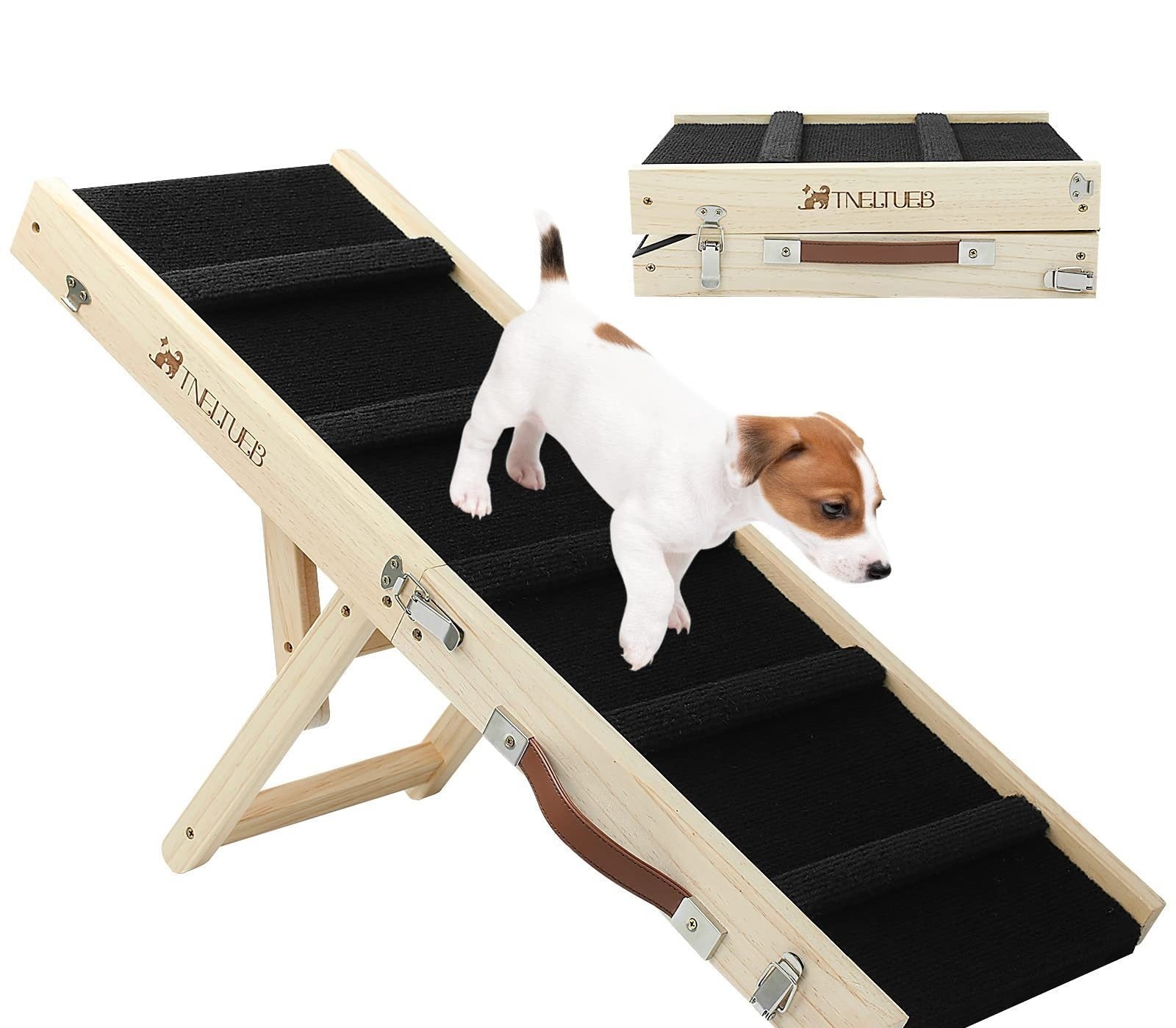 Adjustable wooden dog ladder, ideal for beds and sofas.