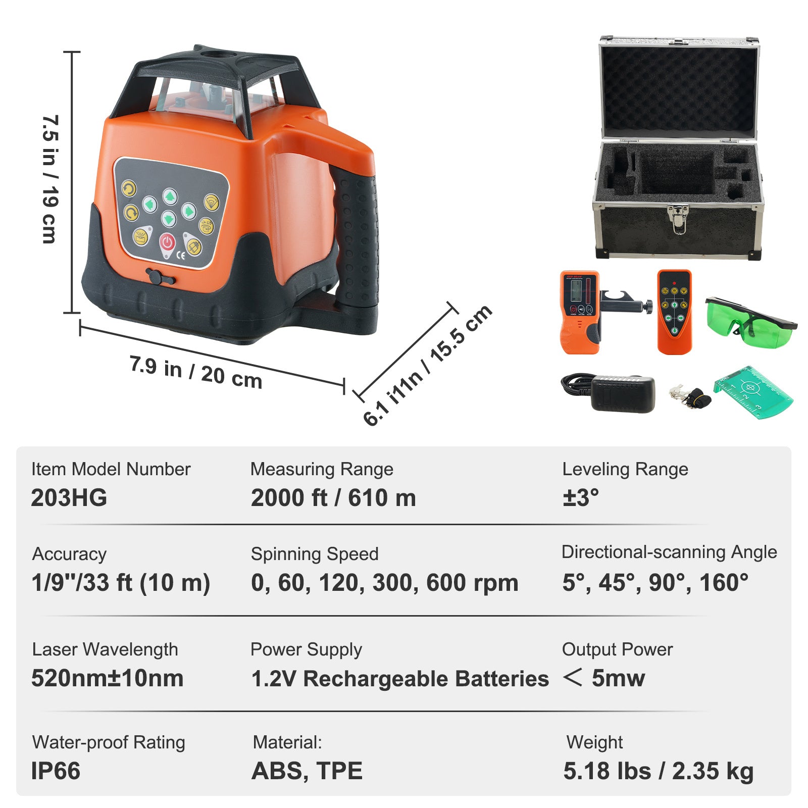 VEVOR Laser Level, 2000ft, 360 Degree Self Leveling Green Cross Line Laser, 5 Rotation Speeds & 4 Scanning Angles Adjustment, IP66 Waterproof Remote Control Manual Self-leveling Mode, Battery Included